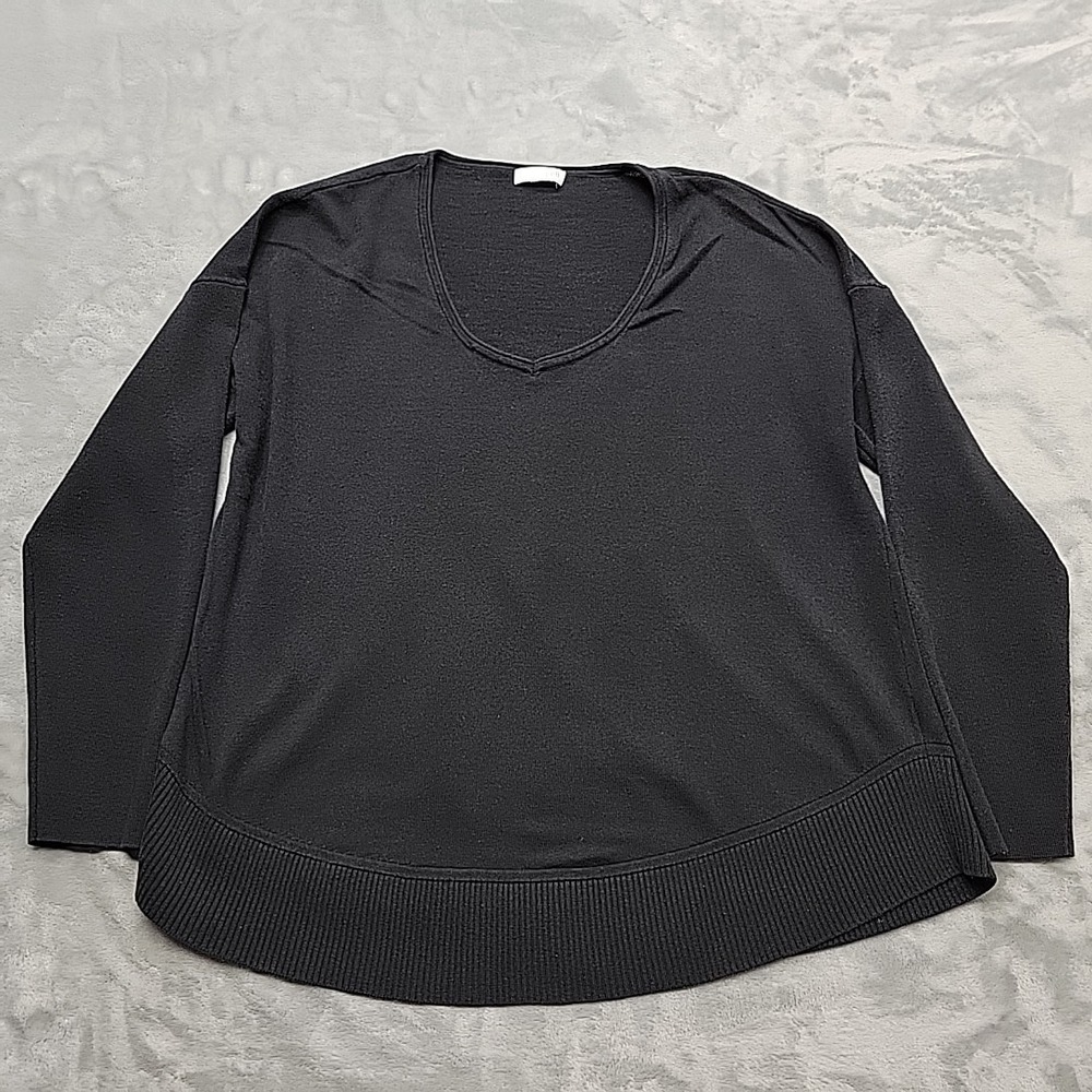 J. Jill Shirt Womens Black V-Neck Silk Blend High Low Hem Ribbed Trim